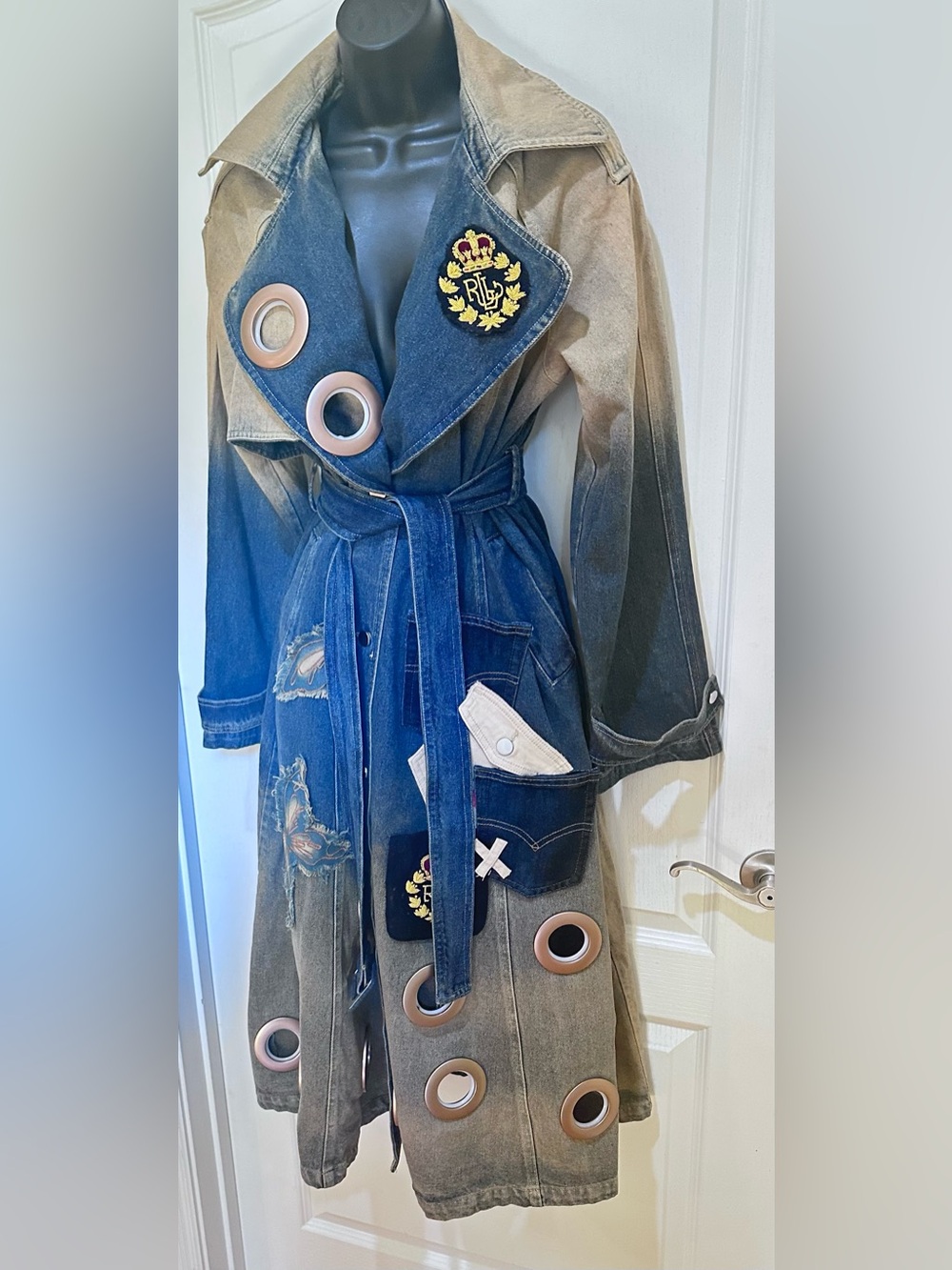 Upcycled Denim Trench Coat with Patchwork Grommet Blue and Distressed Tan size M - Picture 5 of 8